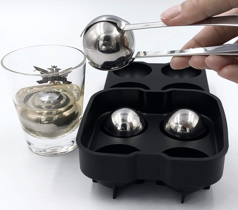 Xinli حجارة ويسكي من الفولاذ المقاوم للصدأ، صخور تبريد المشروبات، كرات ثلج من الفولاذ المقاوم للصدأ قابلة لإعادة الاستخدام مع صينية كرات الثلج الكروية. مجموعة كاملة من 7 - Image 3